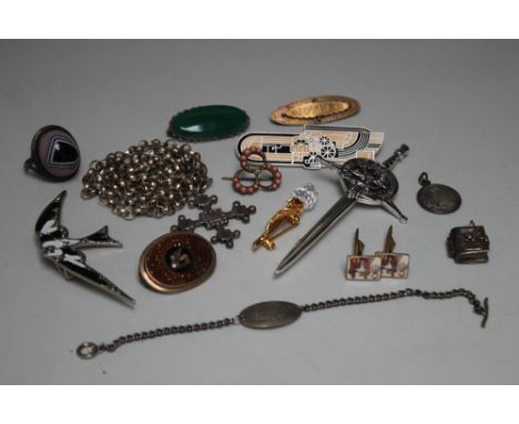 A COLLECTION OF VINTAGE SILVER AND COSTUME JEWELLERY, comprising eight brooches of varying styles and periods, a small select