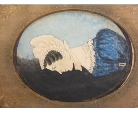 (XIX). Portrait miniature of a young lady in blue dress and white bonnet, unsigned, watercolour on paper, framed and glazed, 