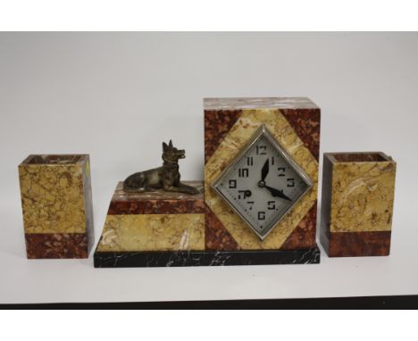 A FRENCH ART DECO MARBLE CLOCK GARNITURE BY BONNETT &amp; POTTIER, the stylized clock with mounted figure of a recumbent dog 