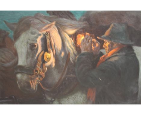 (XX). Irish school, night time coastal landscape, with horses and man with oil lamp, unsigned, oil on canvas, framed, 65 x 11