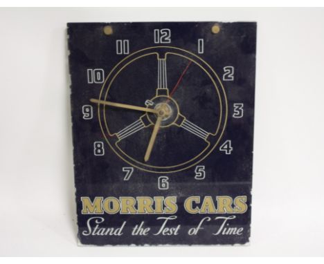 A VINTAGE SMITHS 'MORRIS CARS STAND THE TEST OF TIME' SHOWROOM / ADVERTISING CLOCK, approximately 36 x 28 cm