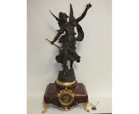 A LARGE AND IMPRESSIVE LATE 19TH CENTURY FRENCH FIGURAL MANTEL CLOCK AFTER MOREAU, the marble and gilt metal plinth with bron