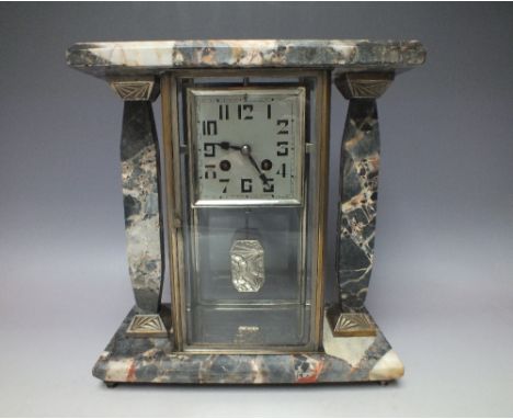 A STYLISH ART DECO FOUR GLASS AND MARBLE  MANTLE CLOCK, the silvered square dial with Arabic numerals, visible pendulum below