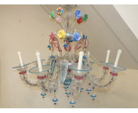 A LARGE TRADITIONAL MURANO GLASS CHANDELIER, eight branch with swirled and coloured leaf drops and coloured flowers, H 88 cm