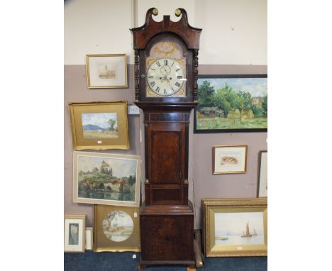 AN ANTIQUE OAK AND MAHOGANY EIGHT DAY LONGCASE CLOCK - JACOB MOSELEY,  twin weight &amp; pendulum, H 225 cm 