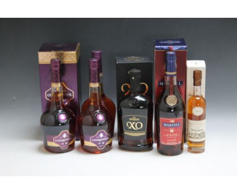6 BOTTLES OF BRANDY CONSISTING OF 1 BOTTLE OF MARTELL MEDALLION VSOP, 3 bottles of courvoisier, 1 bottle of Stock XO and 1 20