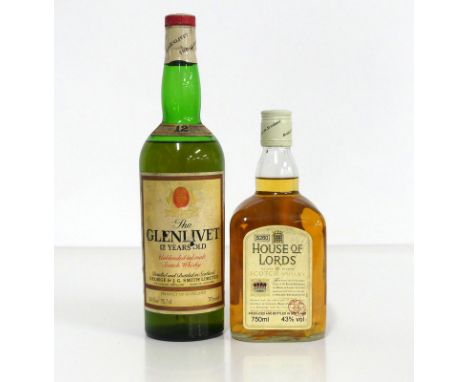 1 26 2/3 fl oz bt The Glenlivet 12YO Unblended All Malt Scotch Whisky 70° proof ms, sl ntl/faded label 1 75-cl bt House of Lo