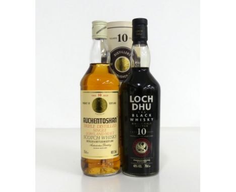 1 75-cl bt Auchentoshan 10YO Triple Distilled Single Lowland Malt Scotch Whisky 40% original tube 1 70-cl bt Loch Dhu The Bla