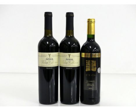 2 bts Spier Private Collection Merlot 2001 Stellenbosch vts 1 bt Flagstone Strata in Cahoots 2001 i.n Above 3 bottles