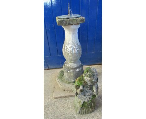 Garden sundial on a weathered composition pedestal and square base, together with a weathered composition garden ornament of 