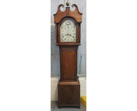 Early 19th Century Welsh oak cased 8 day longcase clock, the face marked M Godfrey, Cowbridge, the hood with broken swan neck