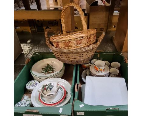 Two boxes of assorted china together with two baskets.  The china to include: Portmeirion 'The Holly and the Ivy' cup and sau