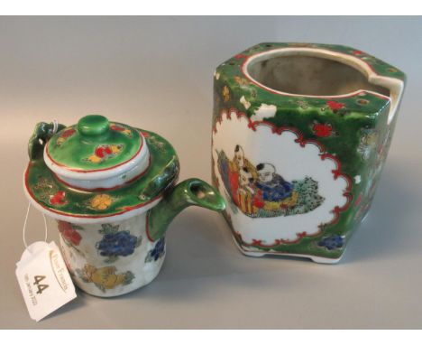 Small Chinese porcelain octagonal three section teapot with lid and lift out liner, decorated in enamels with reserve panels 