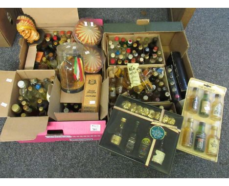 Two boxes containing various bottles of alcoholic spirits mostly miniatures to include; Queen Anne, Glen Grant, Monster's Cho