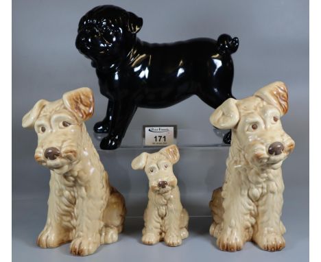 Pair of Sylvac 1379 terrier dogs in seated pose, together with a smaller Sylvac 1378 terrier dog, and a ceramic pug dog. (4) 