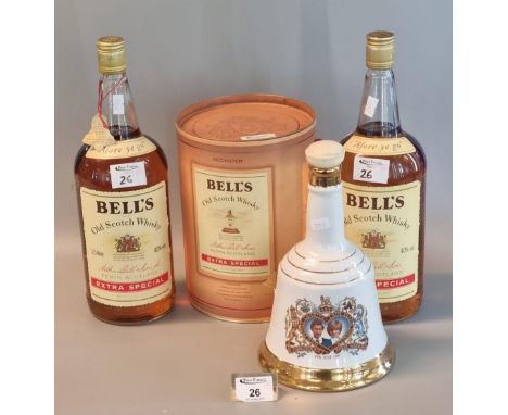Two Bell's old Scotch whisky 1.5L bottles, 40% vol. Together with a Wade Bell's Scotch whisky commemorative porcelain decante