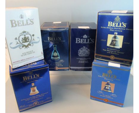 Collection of six Bell's porcelain Scotch whisky decanters, all in original boxes, commemorative to include diamond and golde