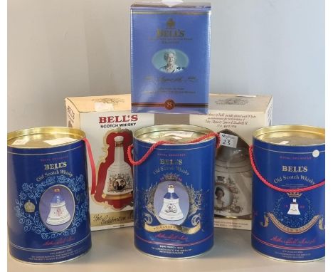 Collection of Bell's Scotch whisky porcelain decanters, all commemorative to include; 'Queen Mother 100 years old', 'Queen El