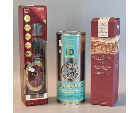 Three bottles of whisky to include; 'Bruichladdich' Islay single malt Scotch whisky, aged 10 years, 'The Glendronach' single 