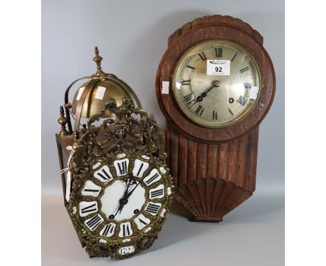 Unusual French brass lantern design mantle clock with enamel face and Roman numerals, together with an oak cased art deco des