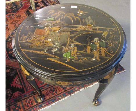 20th century Chinese lacquered occasional/lamp table of circular form, decorated with figures amongst pagodas and landscape. 