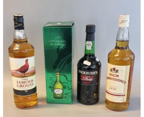Collection of alcoholic spirits to include; 'The Famous Grouse' Scotch whisky 1L, 40% vol, 'High Commissioner' blended Scotch