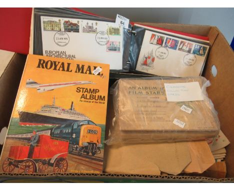 Box of all world stamps in albums and envelopes, album of First Day covers and various postcards and cigarette cards.(B.P. 21