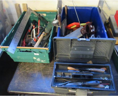 Two boxes of assorted tools together with a plastic toolbox of tools, to include: saws, set squares, pliers, drill bits, Japa