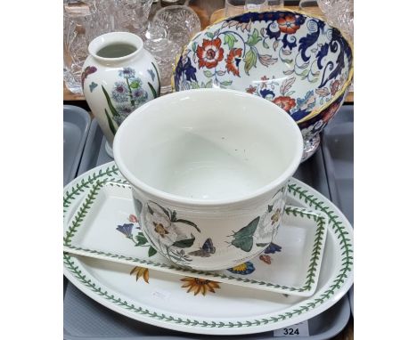 Tray with four pieces of Portmeirion pottery: a 'Botanic Garden' planter, an oval meat dish, rectangular platter and a vase t