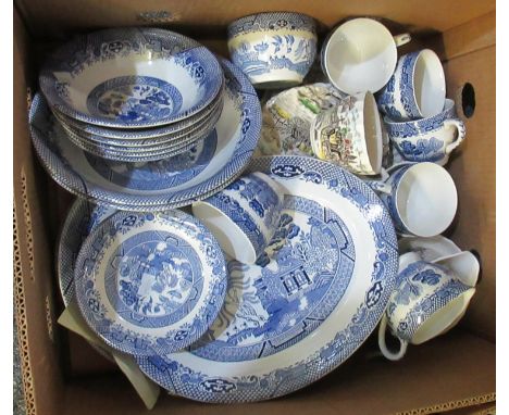 Box of assorted china mostly blue and white Willow pattern by Barratt's of Staffordshire to include; various bowls, plates, c