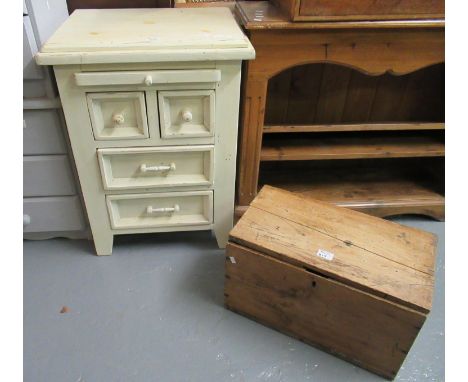 Small rustic pine box together with a painted side or lamp table with pull-out brush slide and an arrangement of drawers.(B.P