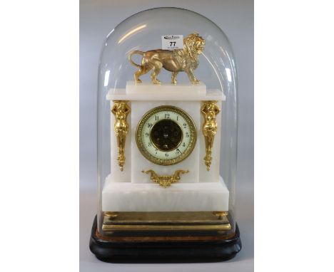 19th Century Empire design alabaster mantel clock with gilt metal mounts, including lion pediment and term figures, Arabic ce