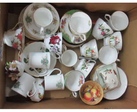 Box of assorted china to include; Aynsley floral teacup and saucer, various Berkshire design souvenir of Wales teacups and sa