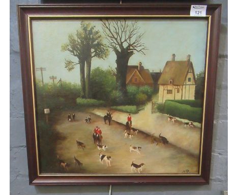 Naive British school, 'The Meet in a village with fox hounds and huntsmen', oils on board. 40 x 42cm approx. Framed. Together