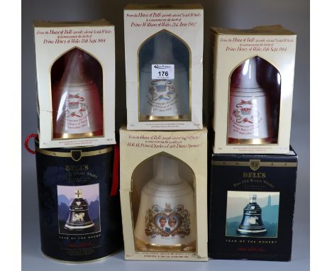 Collection of six boxed Bell's scotch whiskey decanters, to include Year of the Monkey, Year of the Sheep, commemorative wedd
