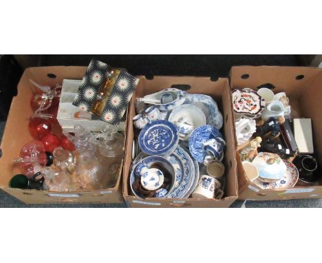 Three boxes of assorted china and glassware mainly to include; various blue and white willow design and other plates, miniatu