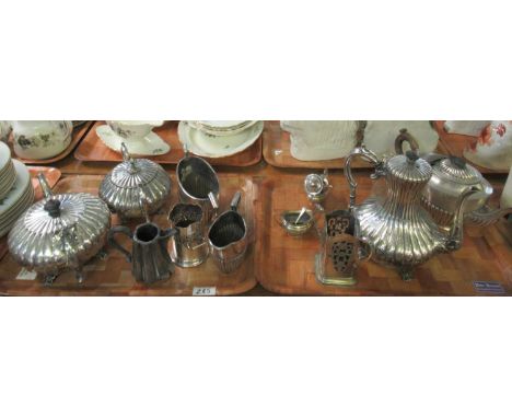 Two trays of assorted metalware mostly silver plate and some Walker & Hall, to include; matching teapot, coffee pot and large