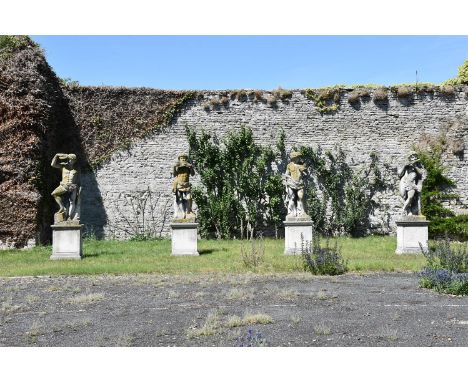 AFTER THE ANTIQUE, A SET OF 4 LARGE COMPOSITE STONE FIGURES EMBLEMATIC OF MUSIC 20TH CENTURY Each raised on pedestal base sli