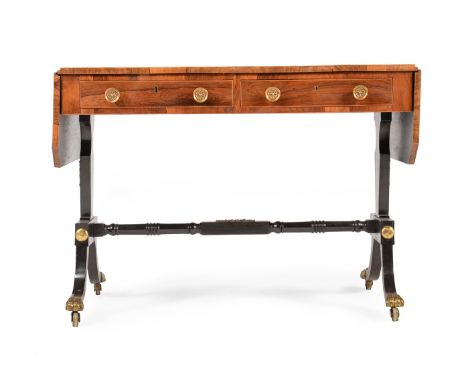 A REGENCY BURR YEW BANDED, EXOTIC HARDWOOD AND EBONISED SOFA TABLECIRCA 1820With two frieze drawers opposing false drawers73.