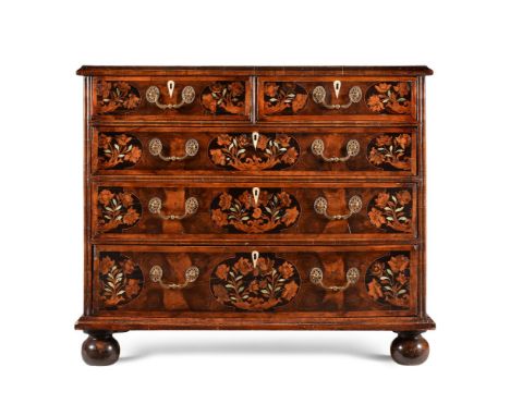 Y A WILLIAM AND MARY WALNUT AND MARQUETRY CHEST OF DRAWERSCIRCA 1690The floral and bird marquetry in ebony, walnut and bone83