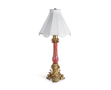VICTORIAN ORMOLU MOUNTED CUT CASED GLASS LAMP BASE LATE 19TH CENTURY With spiral cut stem above dragon decorated base approxi