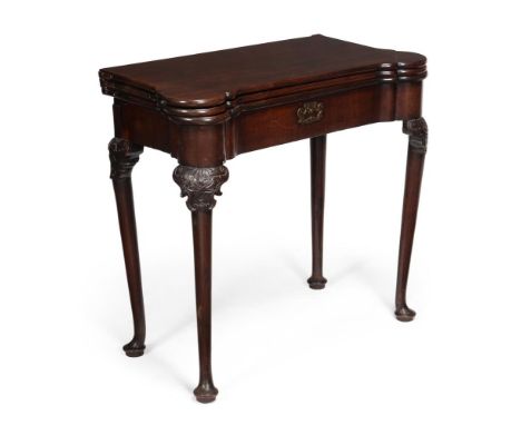 AN IRISH GEORGE II MAHOGANY TRIPLE-FOLD CARD AND TEA TABLEMID 18TH CENTURYThe hinged top first opening to a finished mahogany