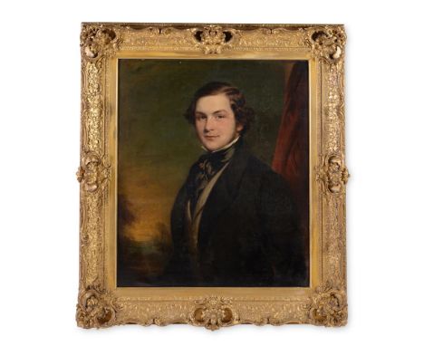 ENGLISH SCHOOL, 19TH CENTURY PORTRAIT OF A GENTLEMAN, BUST-LENGTH, IN A BROWN COAT, A LANDSCAPE BEYONDOil on canvas 75 X 62 c