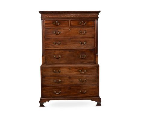 A GEORGE III MAHOGANY SECRETAIRE CHEST ON CHESTCIRCA 1780Of compact proportions, the fall front secretaire drawer opening to 