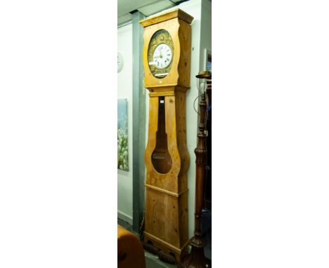 BENIN A NIORT, FRENCH COMTOISE CLOCK, IN PINE LONGCASE WITH BRASS LYRE SHAPED PENDULUM , FRONT WITH GLASS PANEL 