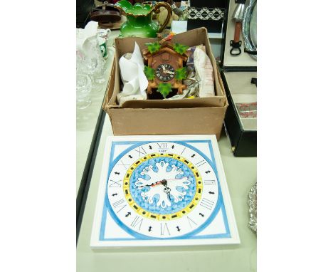 AUSTRIAN TWO WEIGHT DRIVE MURAL CUCKOO CLOCK, 8 1/2" HIGH, BOXED WITH INSTRUCTIONS AND A BATTERY OPERATED WALL CLOCK WITH HAN