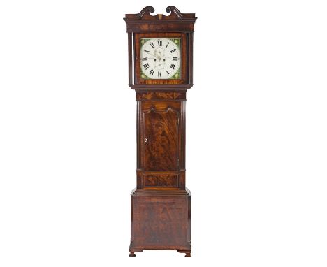 EARLY NINETEENTH CENTURY FLAME CUT MAHOGANY LONGCASE CLOCK SIGNED THOMAS BANKS, PRESTON, the 14" painted dial with subsidiary