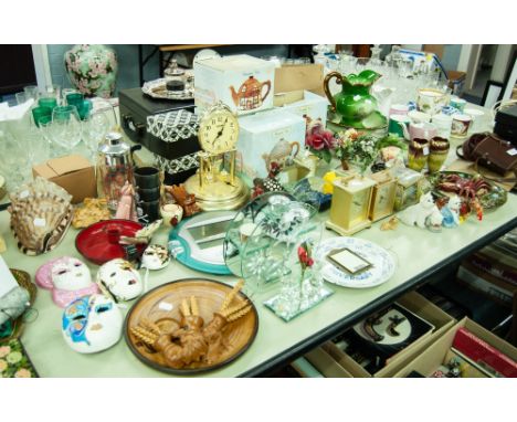 QUANTITY OF MISC ITEMS TO INCLUDE; THREE CHRISTOPHER WREN COTTAGE TEAPOTS, QUARTZ CLOCKS, A SMALL WADE BASIN AND JUG ETC.....