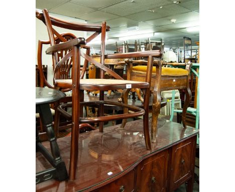 A MODERN MAHOGANY ARMCHAIR, WITH 'X' BACK, CANE SEAT, A PAD TOP STOOL, ON CABRIOLE SUPPORTS (2) 