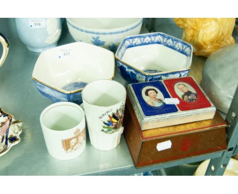 TWO WADE FOR RINGTONS, HEXAGONAL BLUE AND WHITE BOWLS, McVITTIE 1953 CORONATION TIN, ROYAL DOULTON MUG, BOOTHS ?? AND COMMEMO